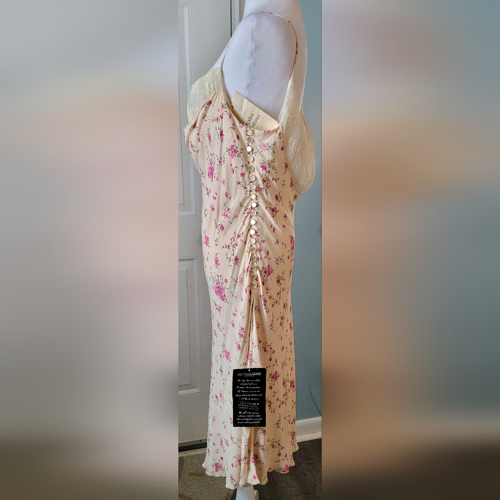 Victoria's Secret Vintg 90's Drape Neck Ruffled Midi Dress Womens 14 Peach Flora - Picture 3 of 15